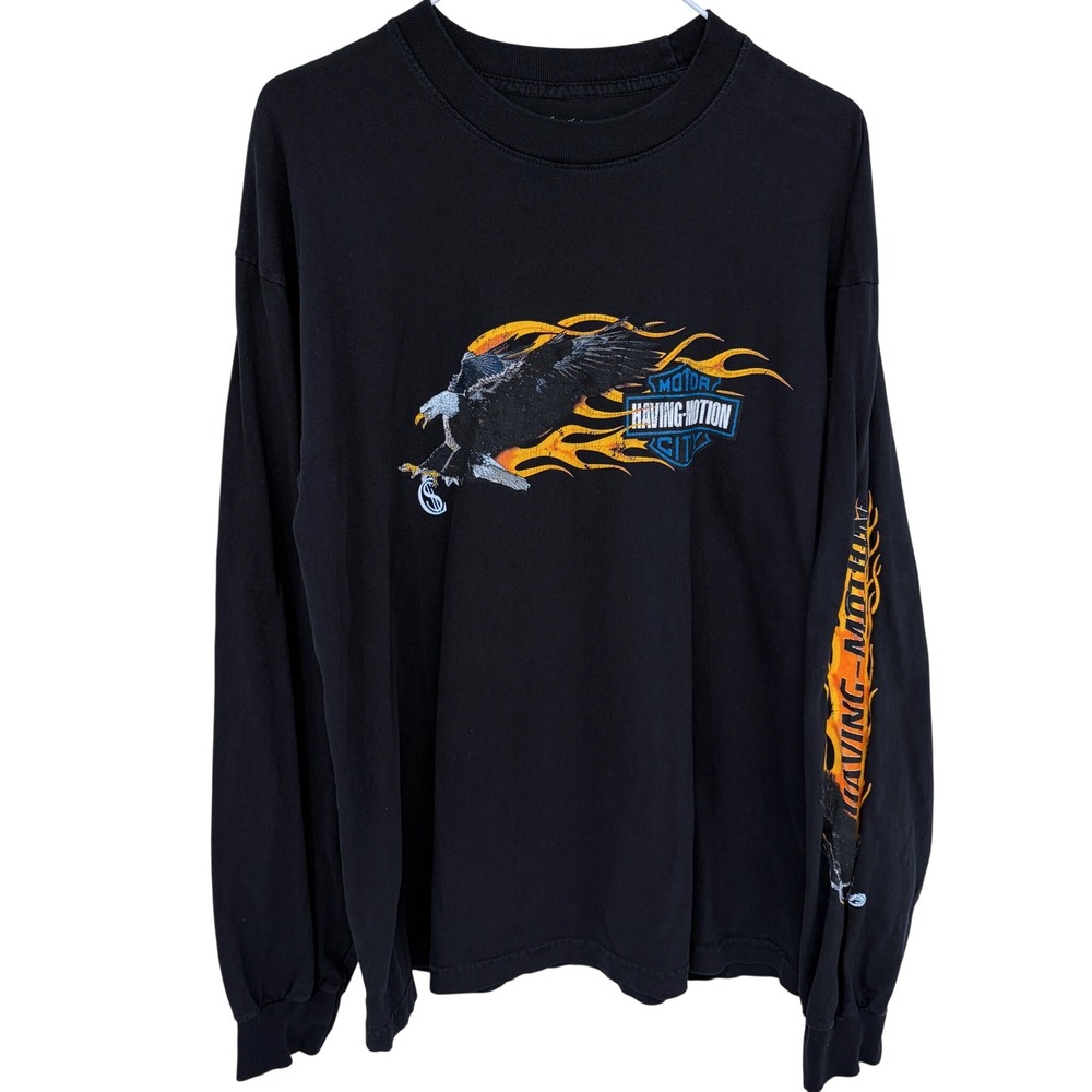 Harley Davidson Long Sleeve T Shirt Large Eagle Flames Biker Black Christopher's